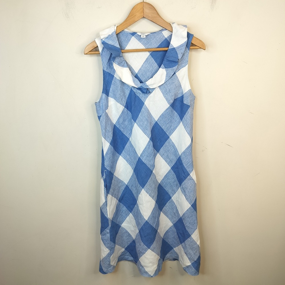 Crown & Ivy Linen Dress Womens Medium Gingham Plaid Ruffled Preppy Blue White